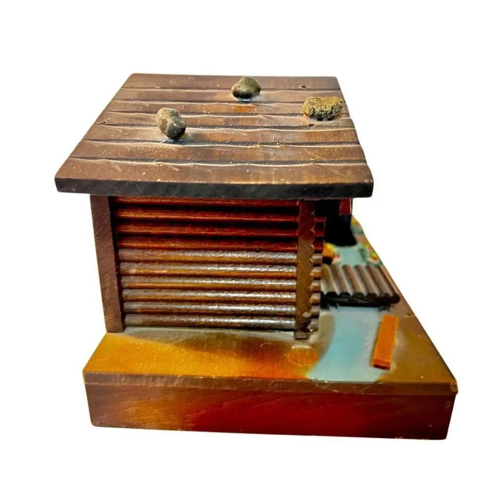 VTG 1960's Log Cabin Cottage Mill Moving Water Wheel Jewelry Music Box Japan